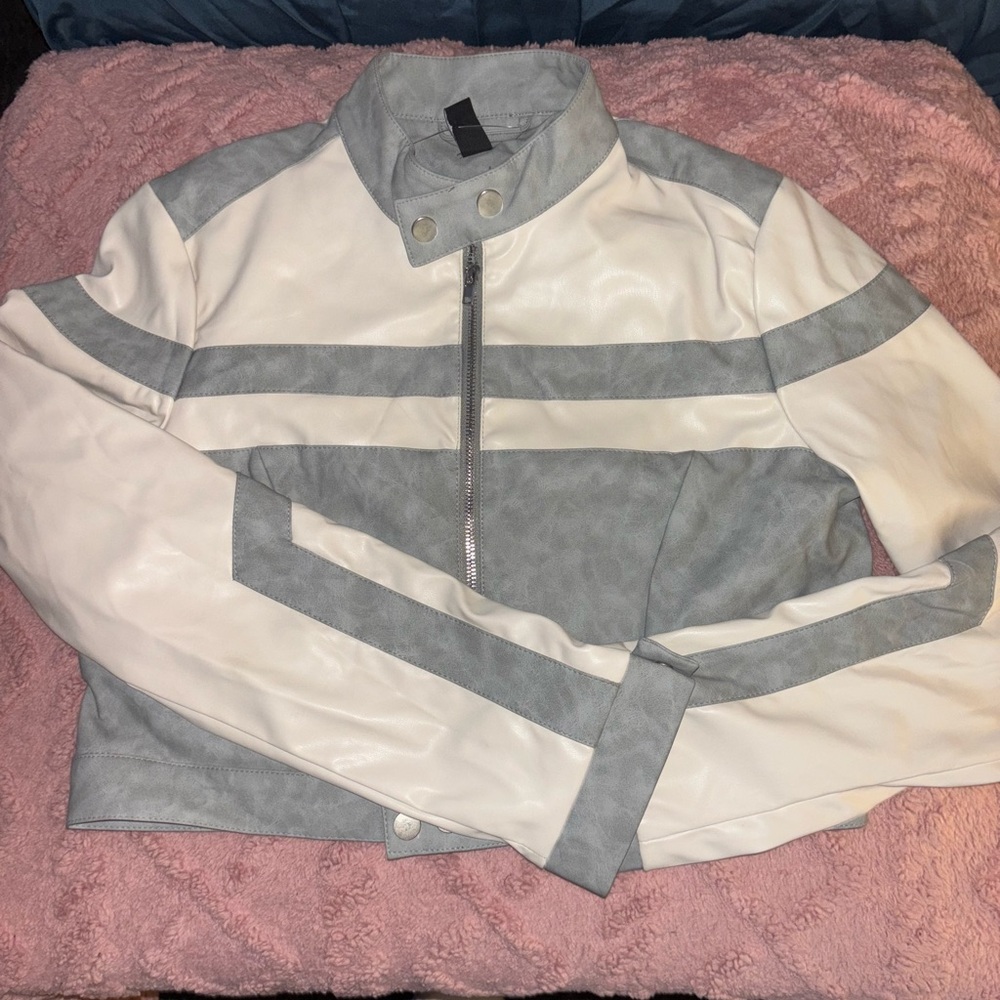 Grey and Cream Faux Leather Moto Jacket